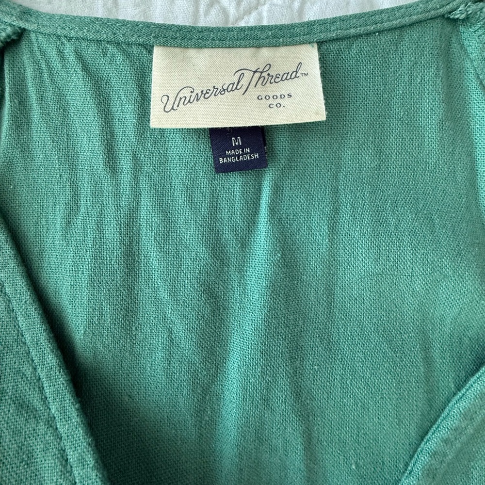Green V-Neck Tiered Dress Cotton/Rayon Blend - Picture 3 of 9